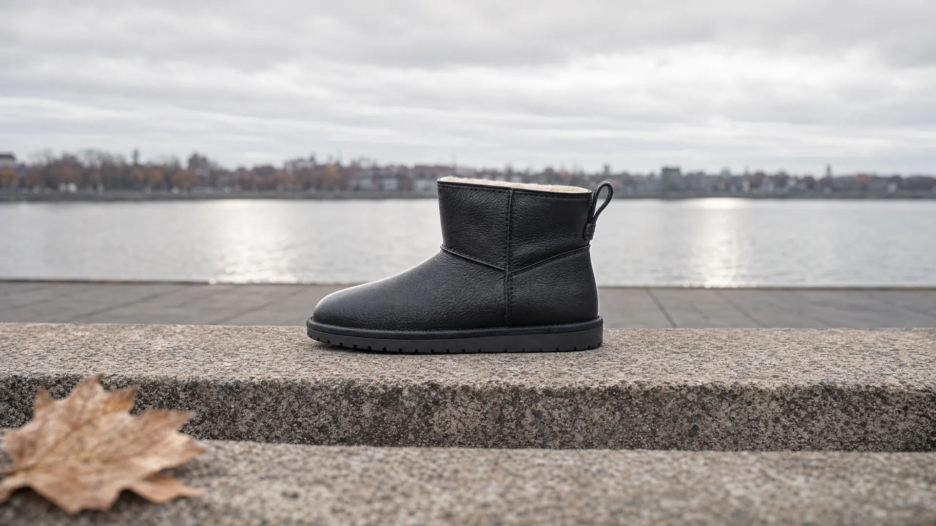 Модель Classic Mini Leather Black в сцене у набережной